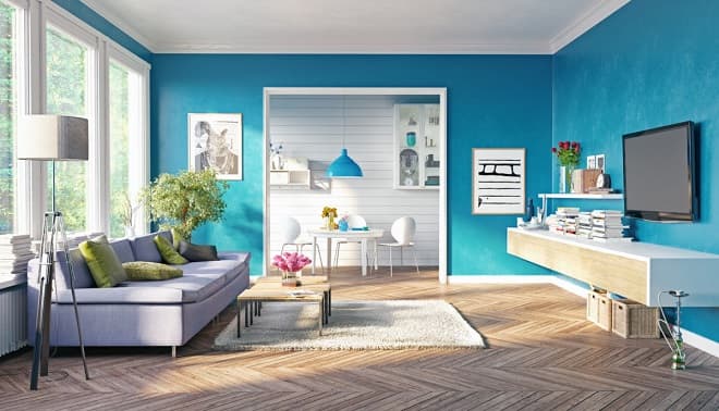 blue living room accent wall